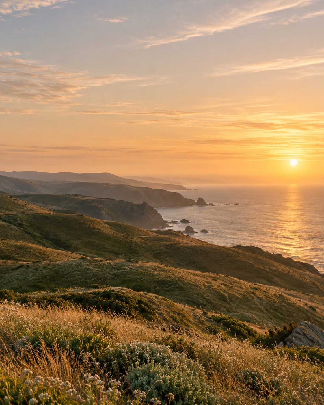 Golden light falling across coastal hills and a quiet ocean