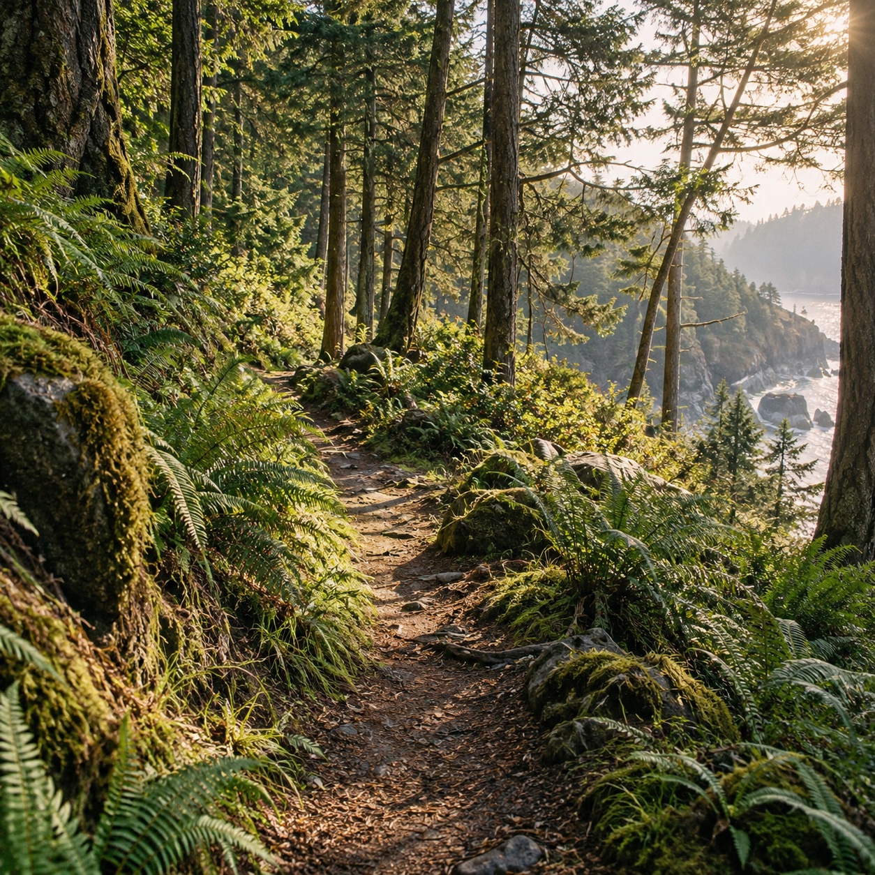 A winding path through a quiet sunlit forest