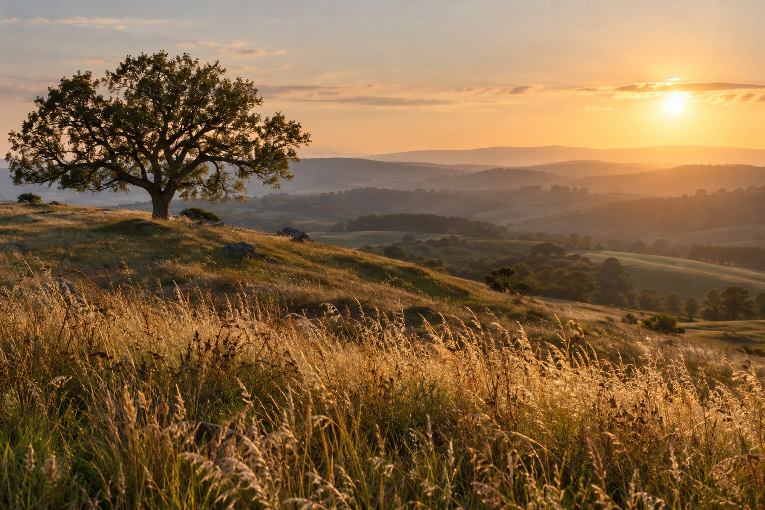 Low evening light crossing a grassy hillside and an old oak tree