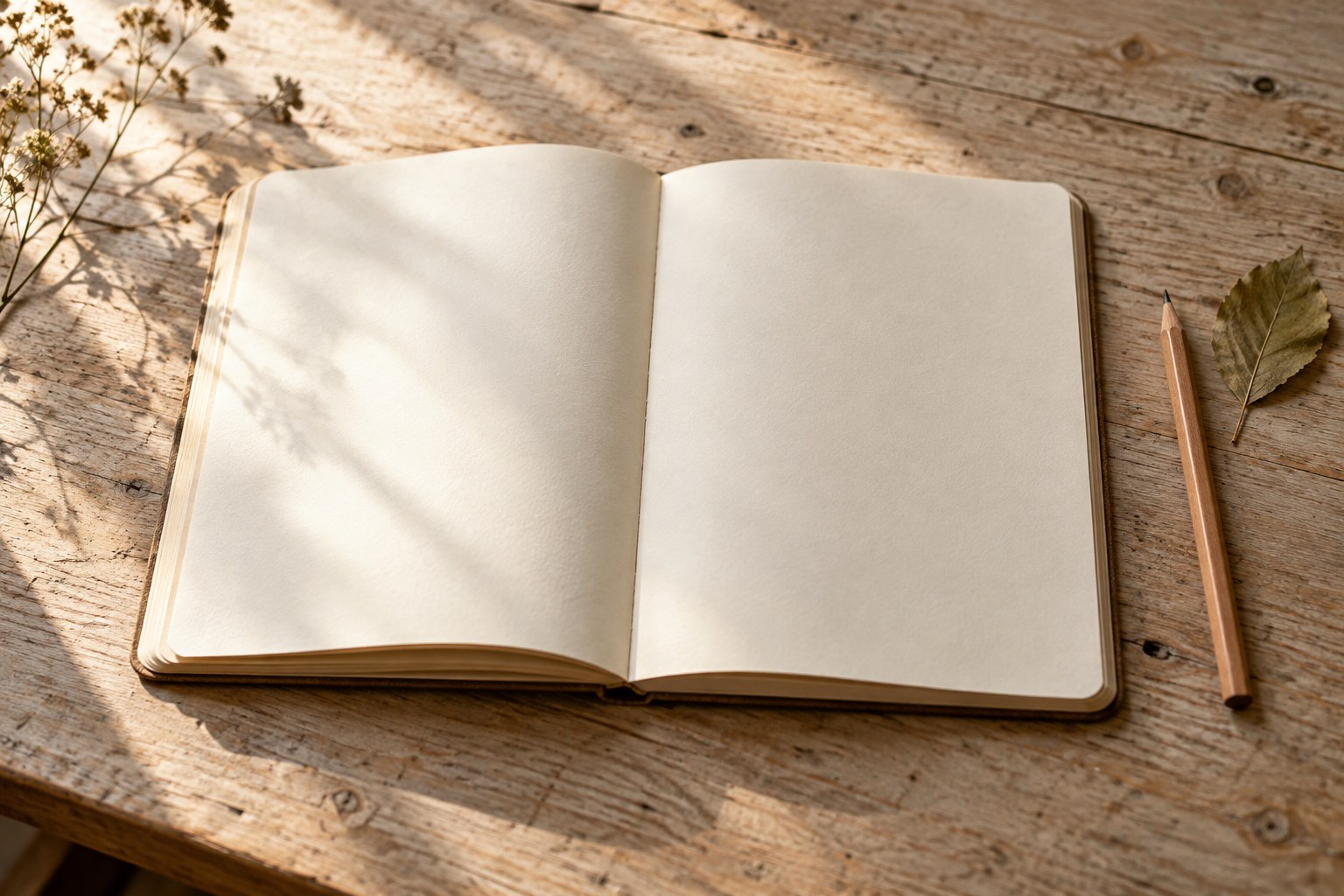 An open blank notebook, pencil and pressed leaf on a sunlit wooden table