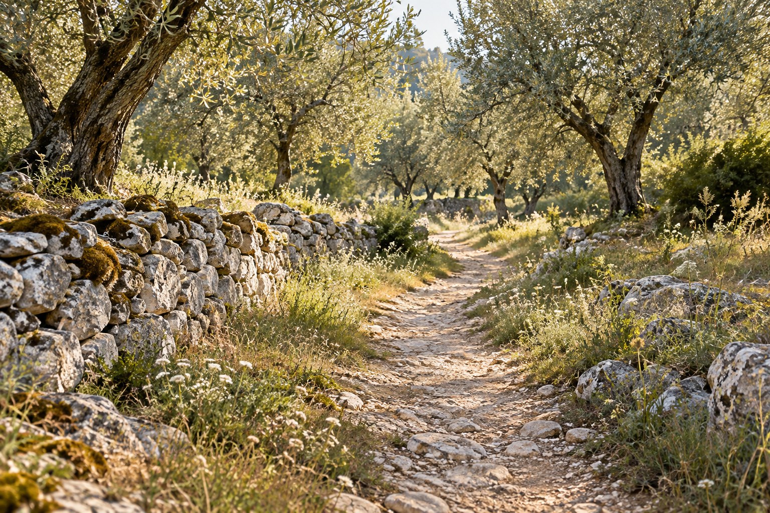 A pale stone footpath winding through a sunlit olive grove