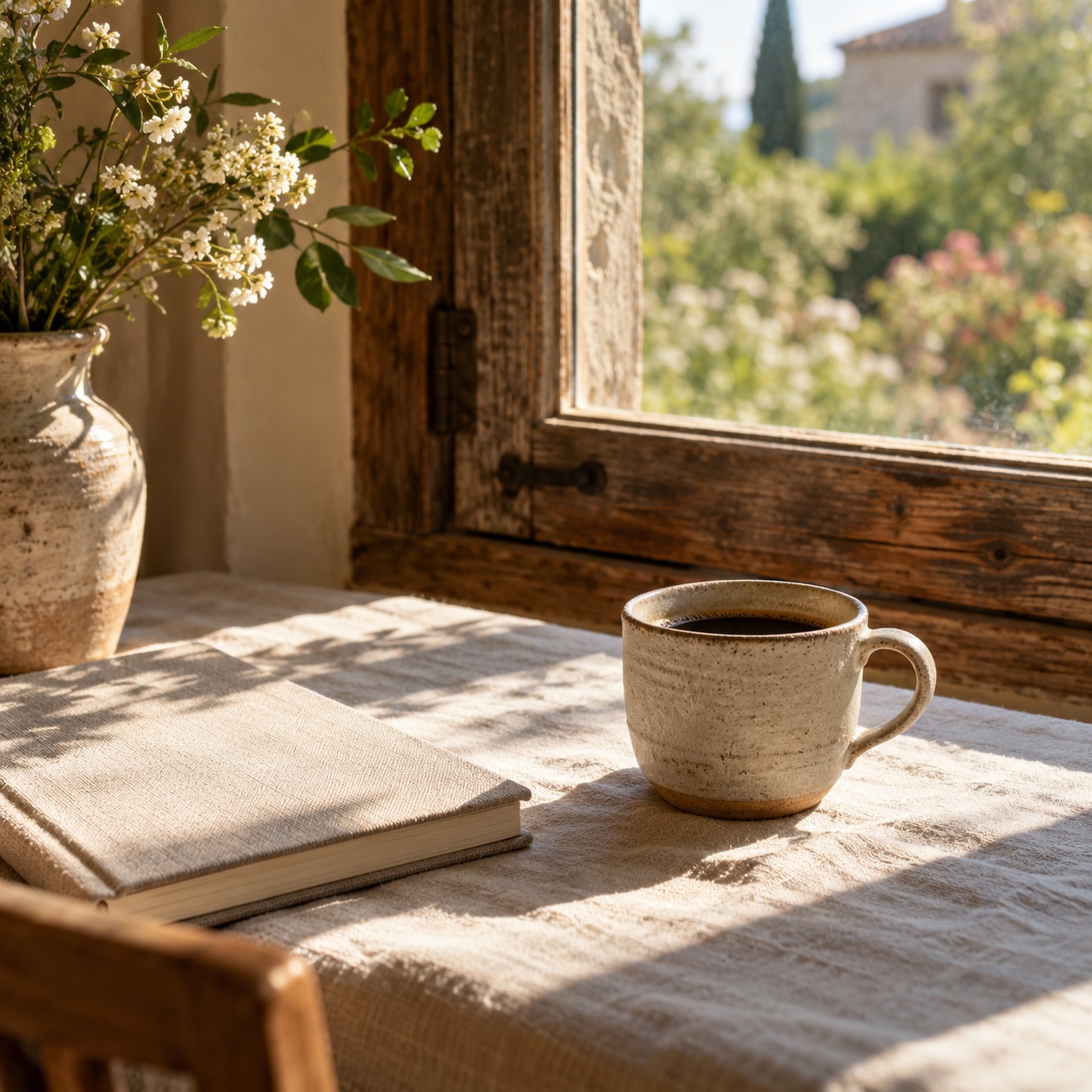 A ceramic coffee cup and linen notebook beside a sunlit window