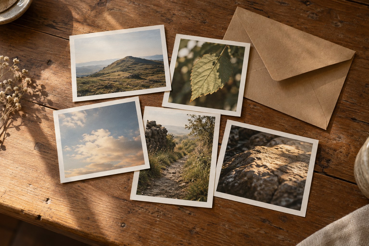 Five small landscape prints and a paper envelope arranged on a wooden tabletop