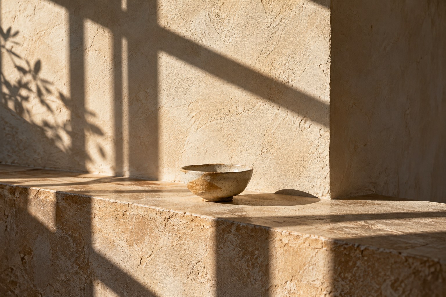 Window-frame shadows crossing a plaster wall and a ceramic bowl on a stone ledge